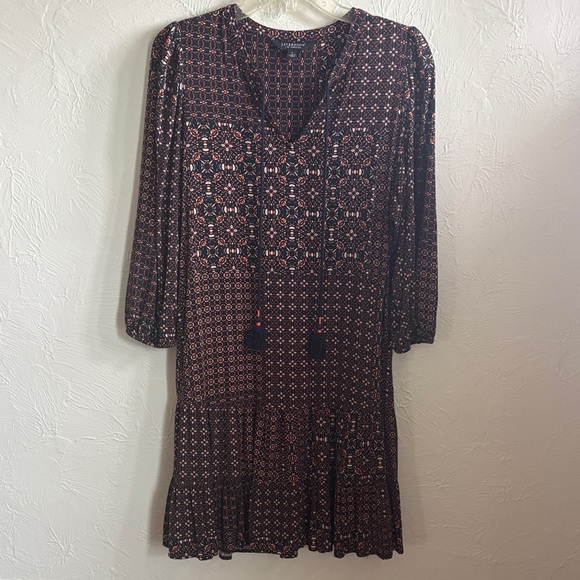 Liverpool Dresses & Skirts - Liverpool Navy and Orange Printed Tie-Front 3/4  Sleeve Dress